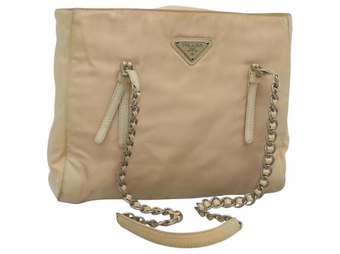 PRADA Bolsa de Ombro com Corrente Nylon Marfim Prata Auth 137031 Cru