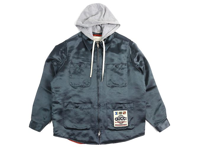 Giacca in cotone acetato con patch logo Gucci WORLD WIDE Grigio Grigio antracite