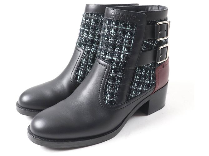 Botas de tornozelo de couro e tweed Chanel 22B G39334 Preto Azul claro