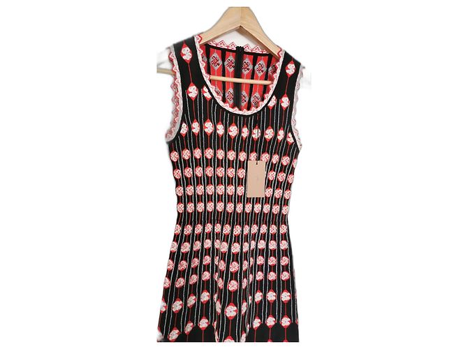 Alaïa Kleid Schwarz Weiß Rot Gemustert mit Muschelsaum Größe 38