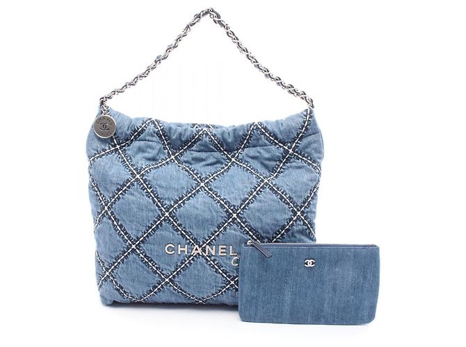 Bolsa tote de denim e couro Chanel 22 Azul Azul marinho