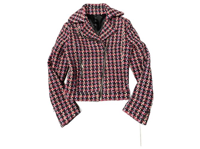 Autre Marque BILL TORNADE Biker Jacke Tweed Rot Blau Wolle Aus weiß