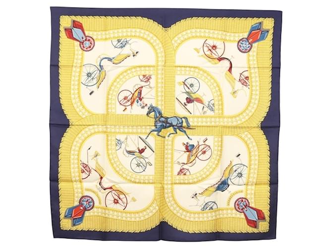 Hermès Foulard HERMES Carré 90 ""VOITURES PANIERS"" Soie Blanc Auth BA4559  ref.2440537