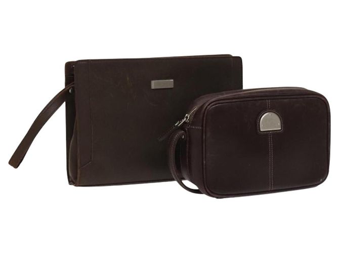 BURBERRY Clutch Bag Leather 2Set Brown Auth ti3373