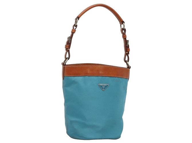 Borsa a Spalla PRADA in Nylon Pelle Argento Blu Auth 135381