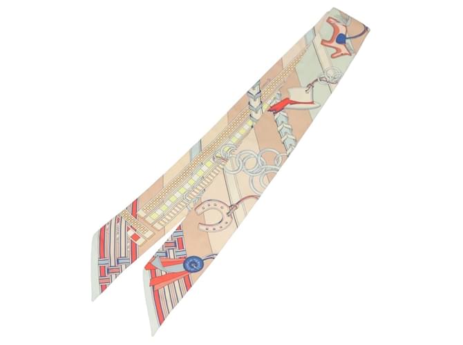 Hermès HERMES Twilly Écharpe "Brides et Gris Gris" Soie Beige Auth 135813  ref.2440591