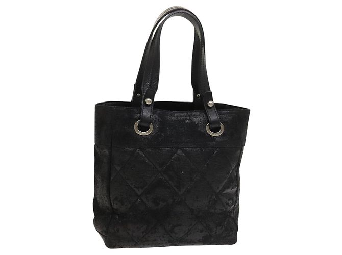 CHANEL Paris Biarritz Tote Bag Coated Canvas Black Silver CC Auth 129603