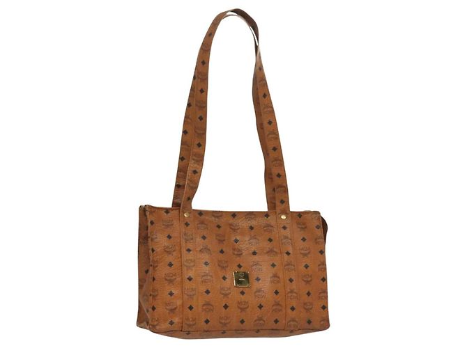 Bolsa tote MCM Logogram Vicetos em couro PVC marrom e dourado Auth bs28523