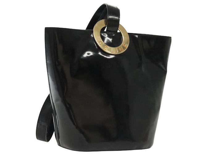 Céline Sac à épaule CELINE Circle Émail Noir Or Auth 137438 Doré