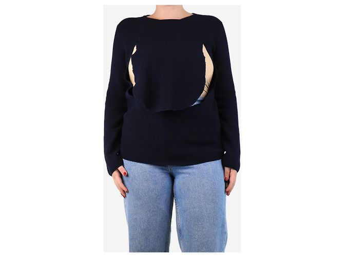 Comme Des Garcons Navyblauer gerippter Klapppullover - Größe M Marineblau 
