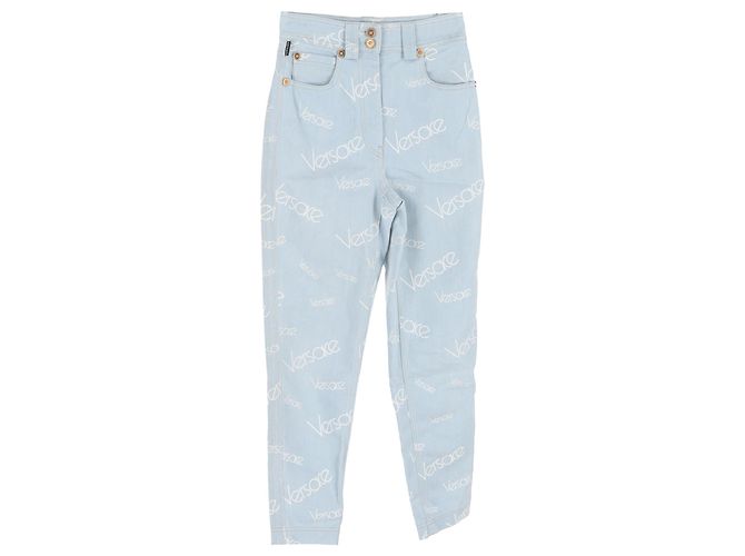 Jeans a vita alta con logo Versace in cotone blu Blu chiaro