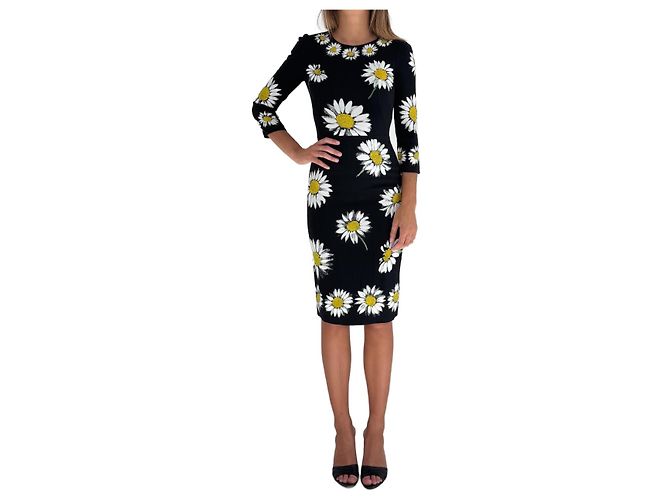 Dolce & Gabbana Seidenkleid mit Gänseblümchenmuster schwarz weiß Gelb