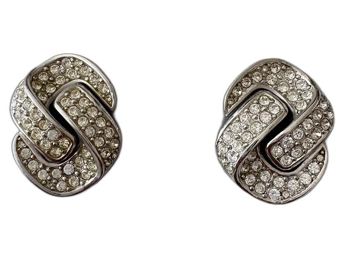 Orecchini Christian Dior Argento Metallo Strass Doppia C
