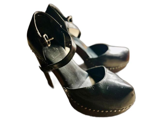 Prada Vintage Black Leather Clogs with High Sculpted Wooden Heels