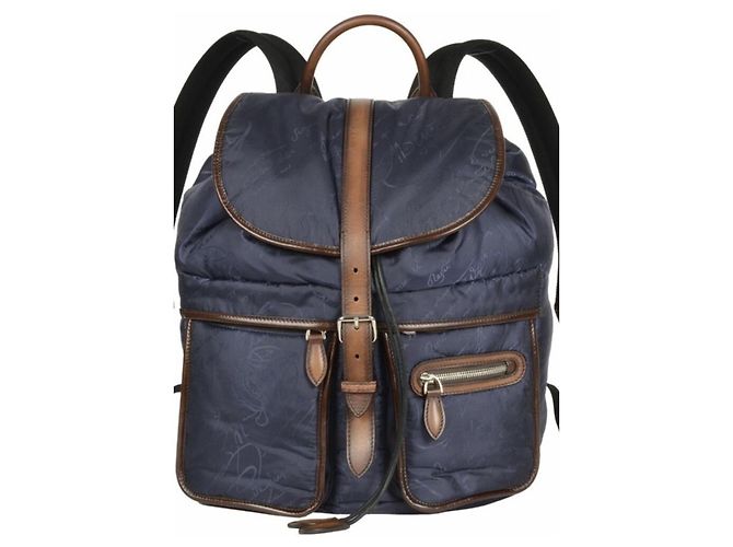 Berluti Canvas and Leather Backpack Dark brown Navy blue
