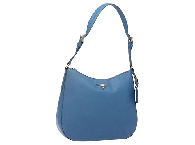Prada Bolsa de Ombro de Couro Azul Dourado Auth 136806