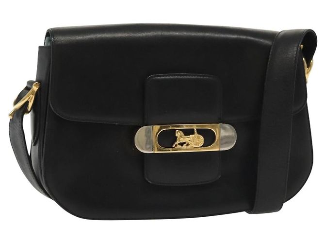 Bolsa de Ombro CÉLINE Carroça de Couro Preta e Dourada Auth yk19109 Preto Dourado