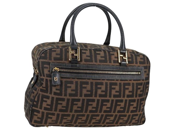 Bolso de mano de lona Zucca FENDI negro marrón oro Auth BA4615 Castaño Dorado