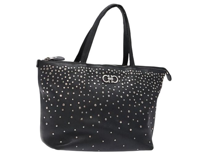 Borsa Tote Gancini in pelle nera e argento di Salvatore Ferragamo Auth bs28720 Nero