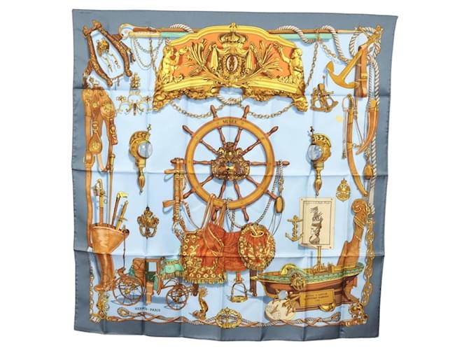 Hermès Écharpe HERMES Carré 90 ""BATEAU À VAPEUR DE JOUFFROY DABBANS 1784"" Auth 133641 Soie Bleu  ref.2446120
