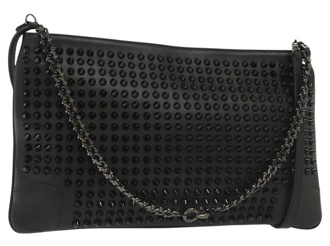Borsa a spalla in pelle nera con borchie e catena Christian Louboutin Auth 137606 Nero Argento