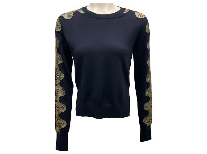 Chloé Chloe marineblauer gestickter Wollstrickpullover Wolle