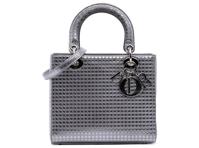 Dior Silver Medium Metallic Patent Microcannage Lady Dior Silvery