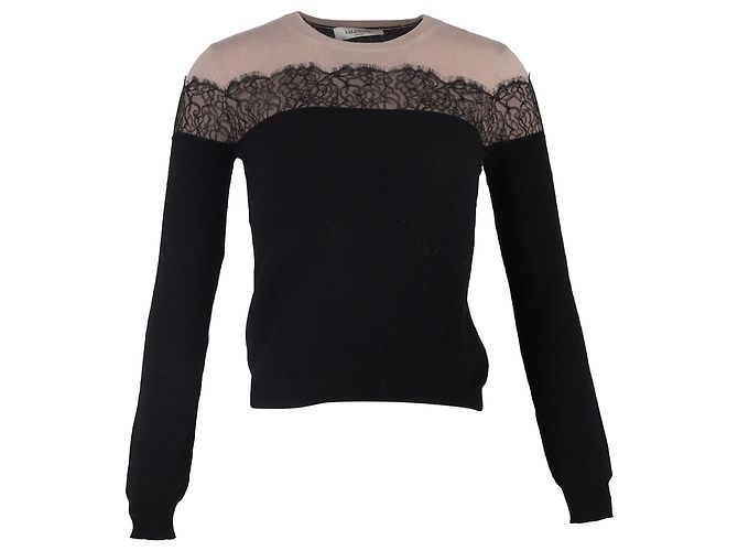 Pullover aus schwarzer und beiger Wolle mit Spitze von Valentino Garavani