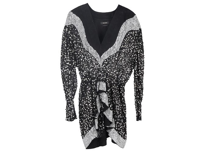 Abito Mini in Chiffon Nero Decorato con Paillettes Isabel Marant Caldes