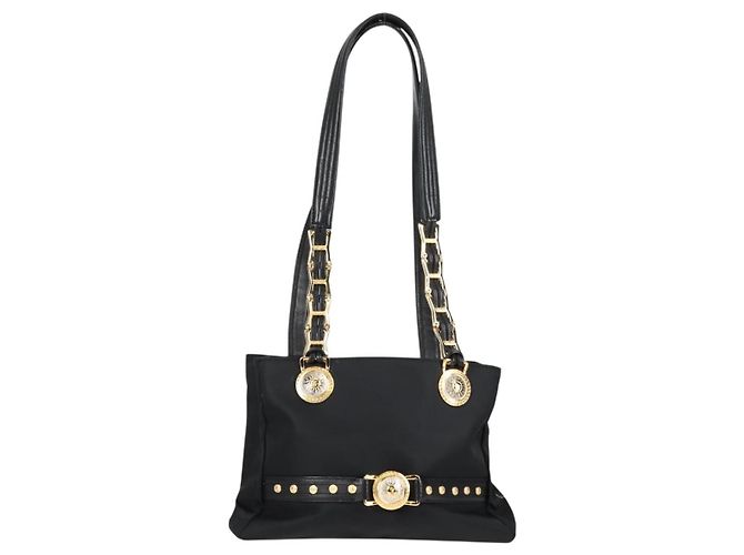 Borsa a Spalla con Catena VERSACE in Nylon Nero e Oro Auth BA4795 D'oro 
