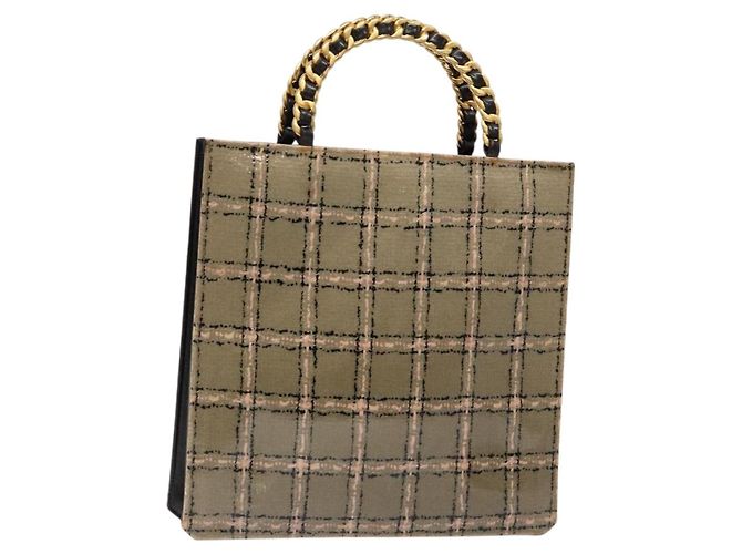 CHANEL Bolsa de Mão com Corrente Esmalte Bege Ouro CC Auth 138791 Dourado