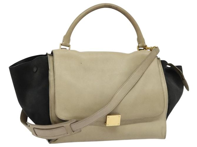 Edge Céline Bolsa de mão Trapeze CELINE em couro e camurça 2 em 1 bege preto ouro Auth bs28736 Dourado