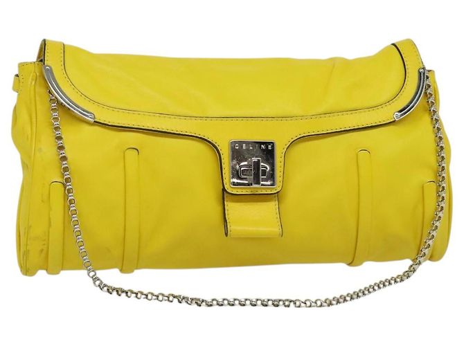 Céline CELINE Chain Shoulder Bag Leather Yellow Silver Auth 138823