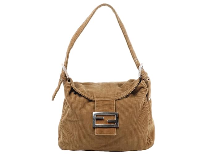 Sac à bandoulière Baguette à double rabat en velours côtelé FENDI en camel 26426 Coton Marron  ref.2451263