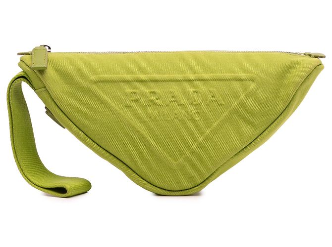 Clutch de muñeca de lona verde Canapa con logo triangular Prada Verde oliva