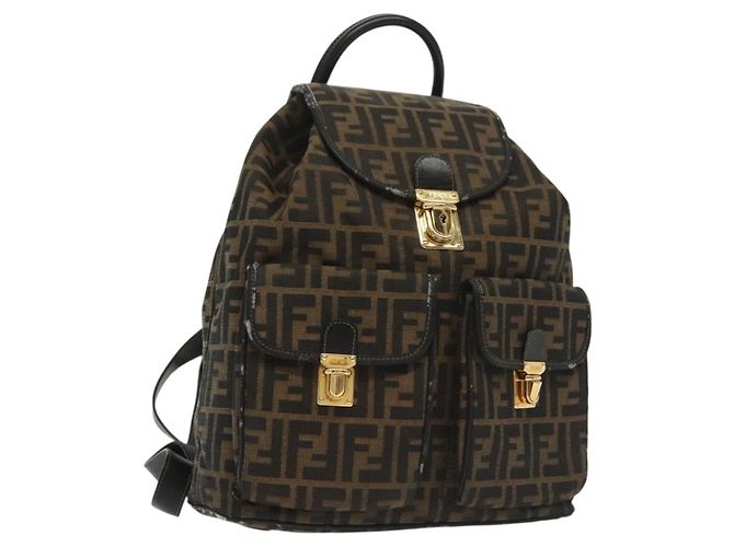 FENDI Zucca Canvas Backpack Black Brown Auth 134435