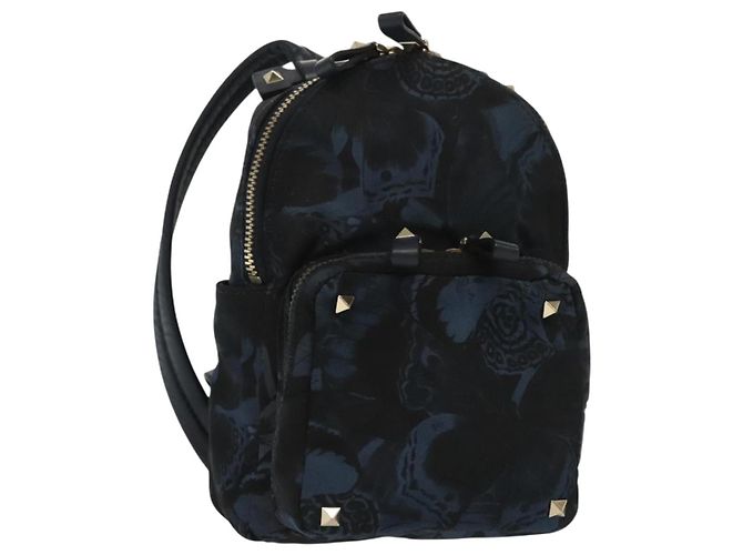 VALENTINO Backpack Nylon Leather Navy Silver Auth bs28757 Silvery Navy blue
