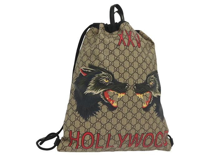 GUCCI GG Supreme Drawstring Backpack PVC Beige 473872 Auth BA4762