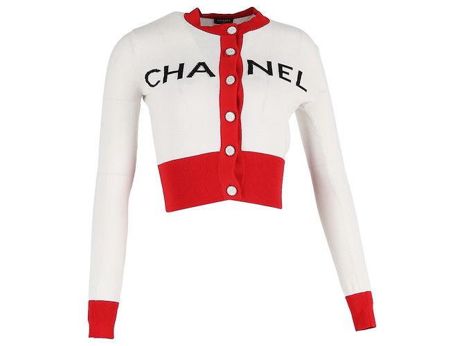 Timeless Weißer Baumwoll-Cardigan mit dem ikonischen CC-Logo von Chanel 2019