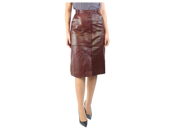 Autre Marque Falda midi de cuero burdeos con botones - talla UK 10