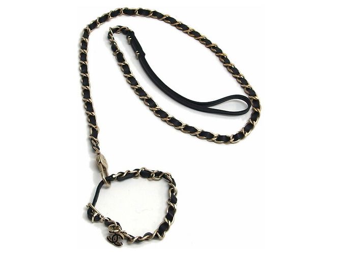 Conjunto de coleira e guia para cachorro Chanel 06P Chain Coco Mark Preto Dourado