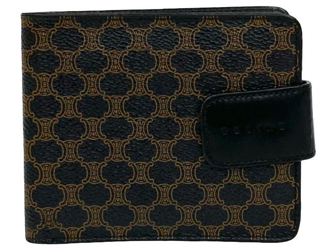 Céline CELINE Vintage Macadam Blason Triomphe Leather Bi-fold Mini Wallet Brown Black
