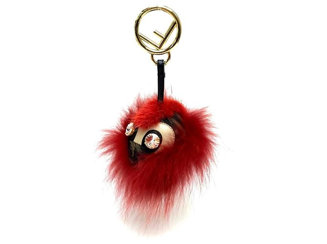 Fendi Real Fur Monster FF Pattern Key Ring Brown Red