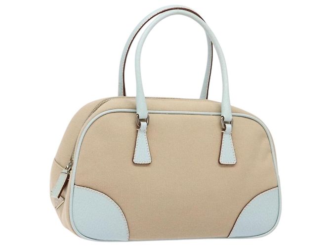 PRADA Hand Bag Canvas Beige Silver Auth yk19198 Silvery