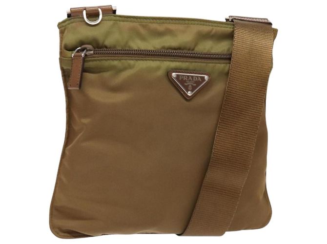 PRADA Schultertasche Nylon Braun Silber Authentisch 137514