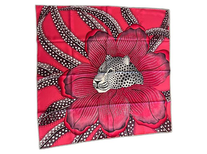 Hermès 90 cm silk scarf "Baobab Cat" by Ardmore Artists Pink Fuschia