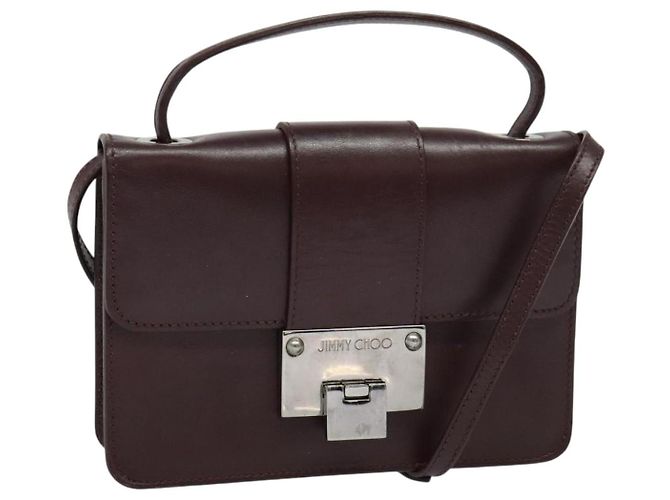 Jimmy Choo Sac à main en cuir Bordeaux argenté Auth BA5034