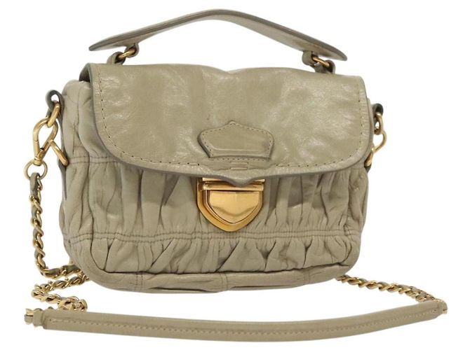 PRADA Bolso de Hombro con Cadena Cuero Beige Oro Auth 138848 Dorado