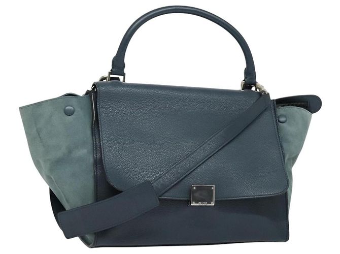 Céline Bolsa de mão Trapeze CELINE em couro e camurça 2 em 1 azul prata Auth BA5022