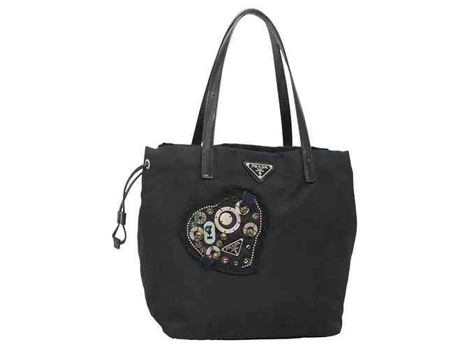 PRADA Tote Bag Nylon Black Silver Auth hk2905 Silvery
